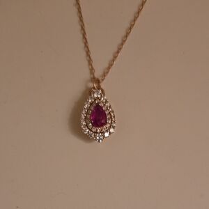 Gold Teardrop Pendant Necklace with Pink Center Stone